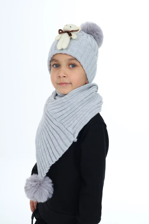 Ayıcık Ponponlu Atkı Bere Takımı 5013