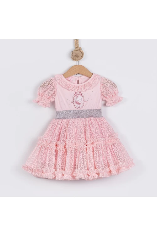 Balerin Baskılı Tül Detaylı Elbise 23172