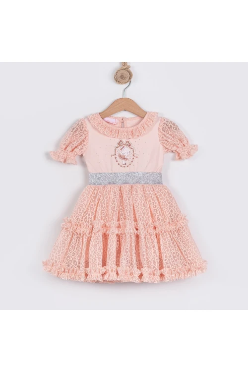 Balerin Baskılı Tül Detaylı Elbise 23172