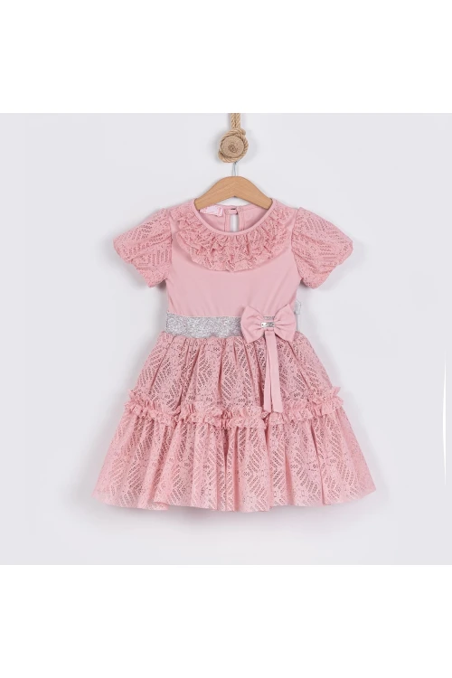 Beli Fiyonklu Tül Detaylı Elbise 24102