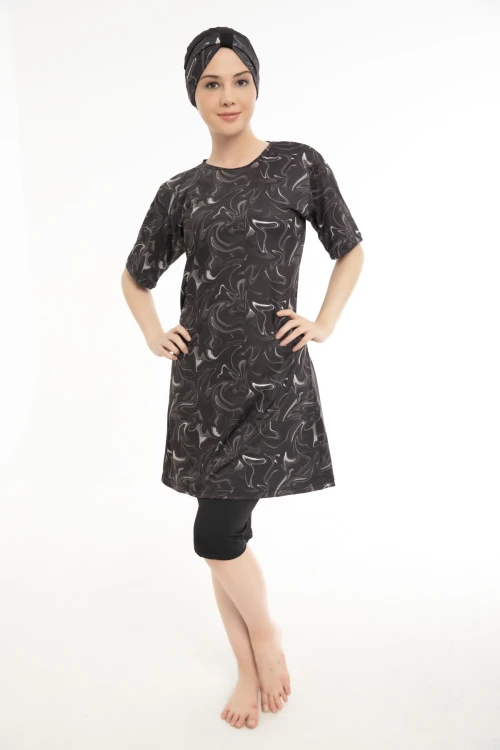 Büyük Beden Desenli Yarım Tesettür Mayo 1704-2