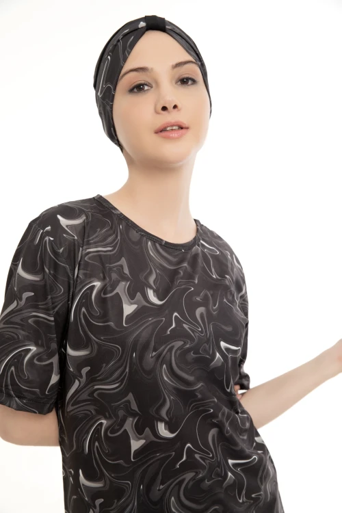 Büyük Beden Desenli Yarım Tesettür Mayo 1704-2