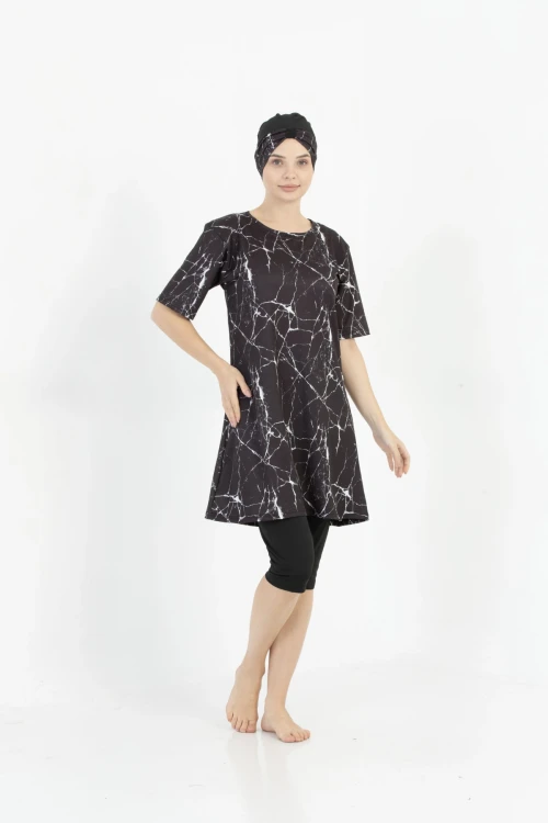 Büyük Beden Desenli Yarım Tesettür Mayo 1704-5