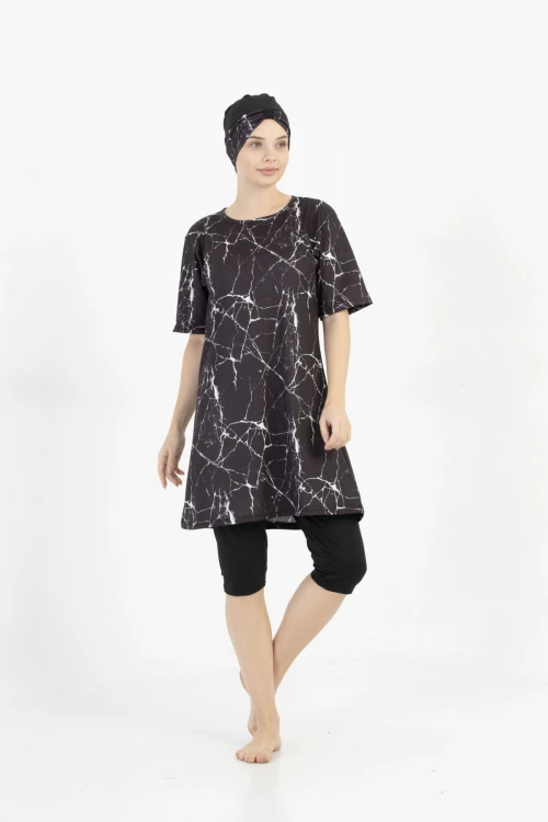 Büyük Beden Desenli Yarım Tesettür Mayo 1704-5