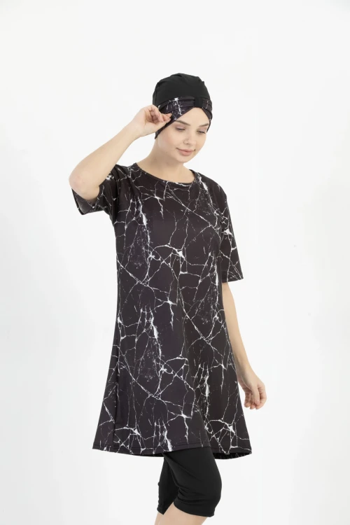 Büyük Beden Desenli Yarım Tesettür Mayo 1704-5