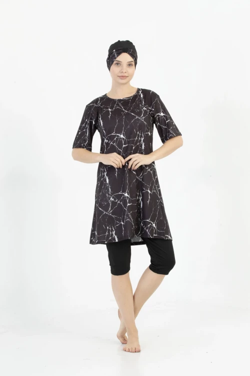 Büyük Beden Desenli Yarım Tesettür Mayo 1704-5