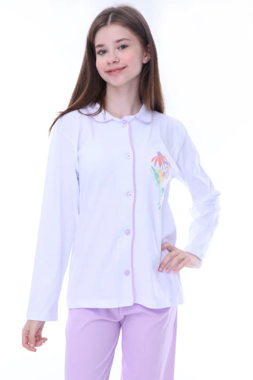 Çiçek Baskılı Yakalı Kız Çocuk Pijama Takımı 35202