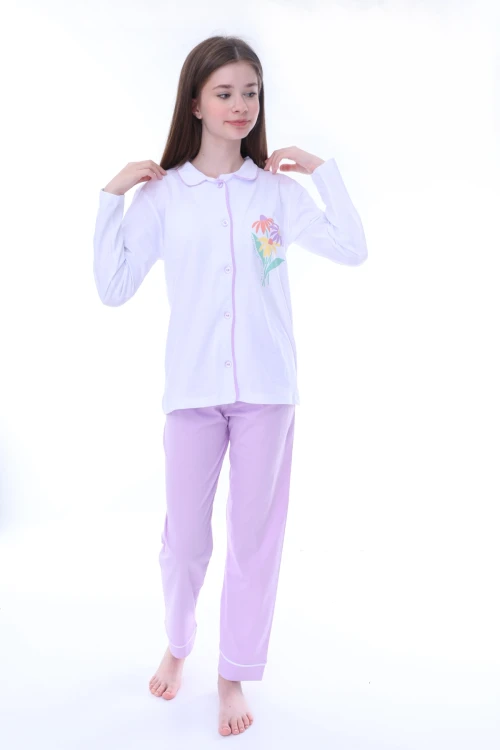 Çiçek Baskılı Yakalı Kız Çocuk Pijama Takımı 35202