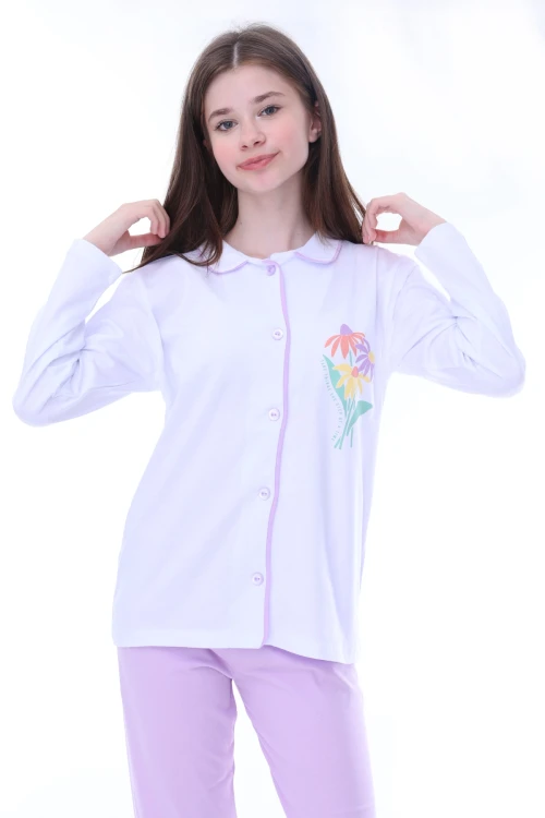 Çiçek Baskılı Yakalı Kız Çocuk Pijama Takımı 35202