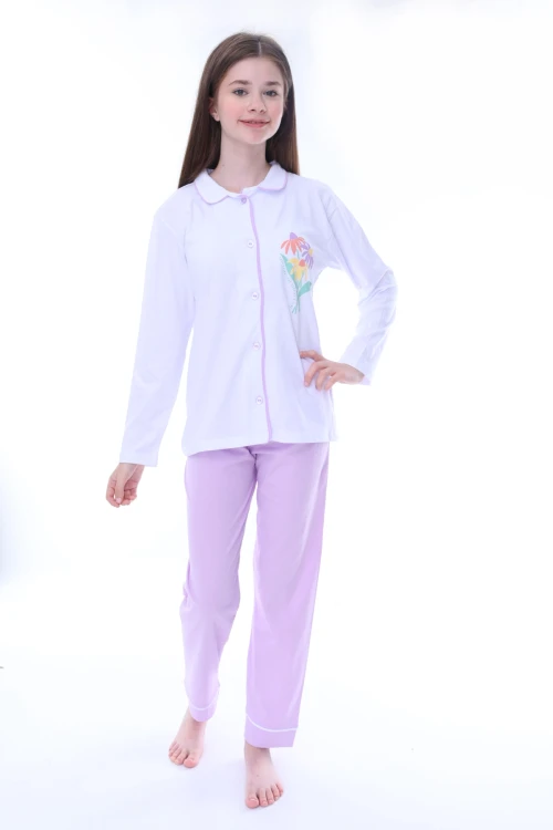 Çiçek Baskılı Yakalı Kız Çocuk Pijama Takımı 35202
