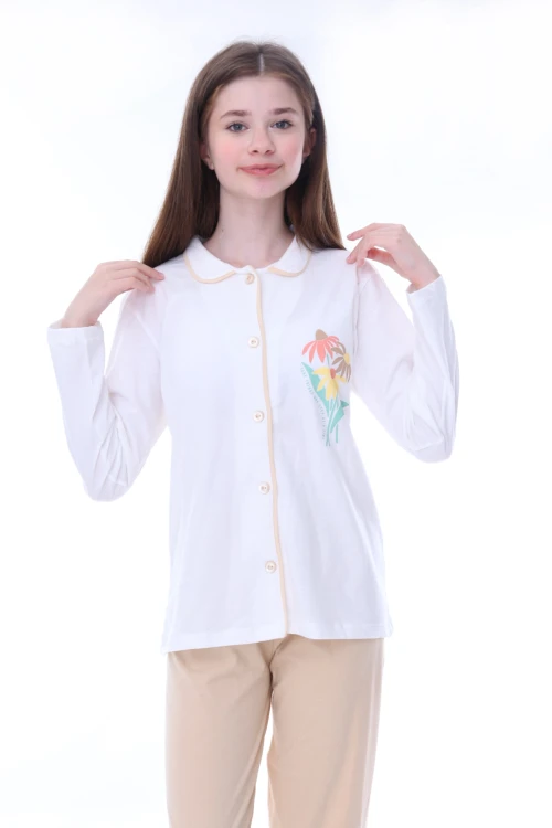Çiçek Baskılı Yakalı Kız Çocuk Pijama Takımı 35202
