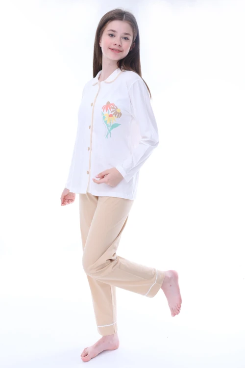 Çiçek Baskılı Yakalı Kız Çocuk Pijama Takımı 35202