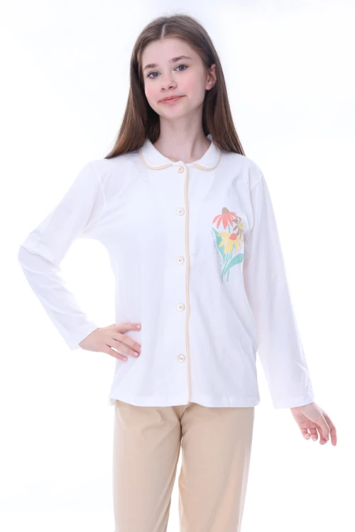 Çiçek Baskılı Yakalı Kız Çocuk Pijama Takımı 35202