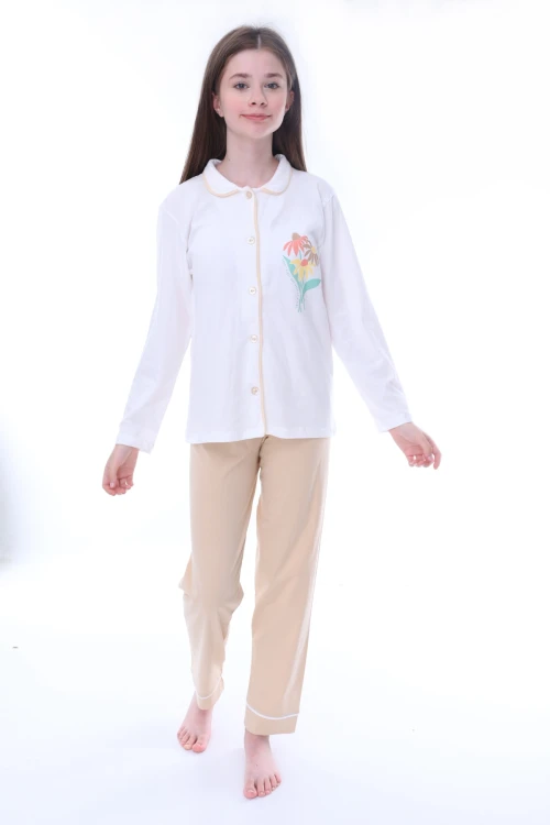 Çiçek Baskılı Yakalı Kız Çocuk Pijama Takımı 35202