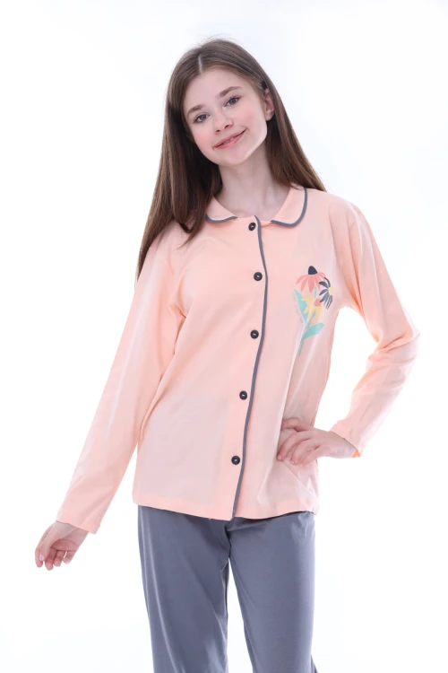 Çiçek Baskılı Yakalı Kız Çocuk Pijama Takımı 35202