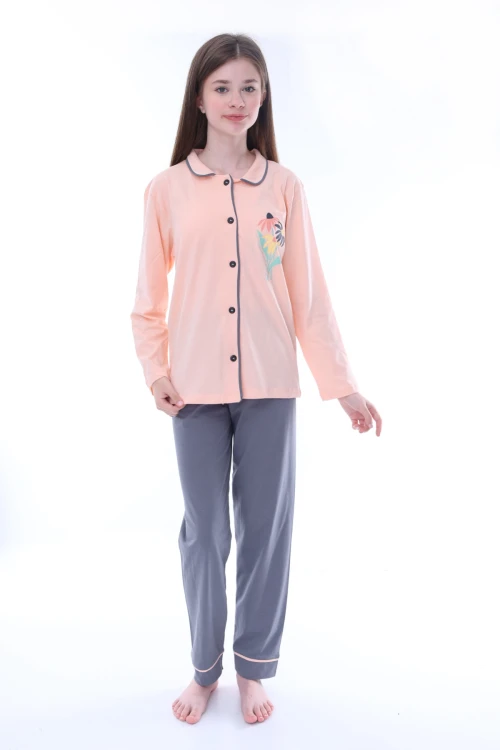 Çiçek Baskılı Yakalı Kız Çocuk Pijama Takımı 35202