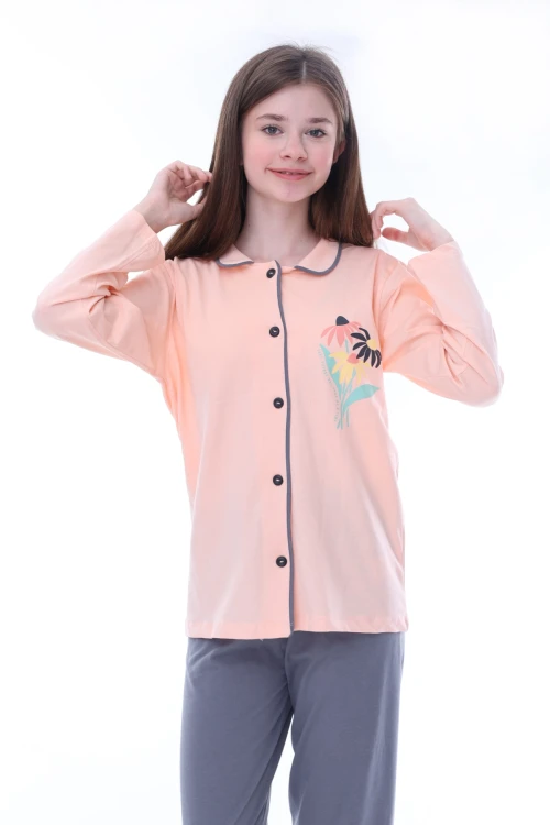 Çiçek Baskılı Yakalı Kız Çocuk Pijama Takımı 35202
