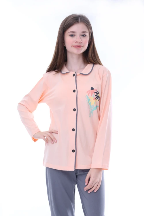 Çiçek Baskılı Yakalı Kız Çocuk Pijama Takımı 35202