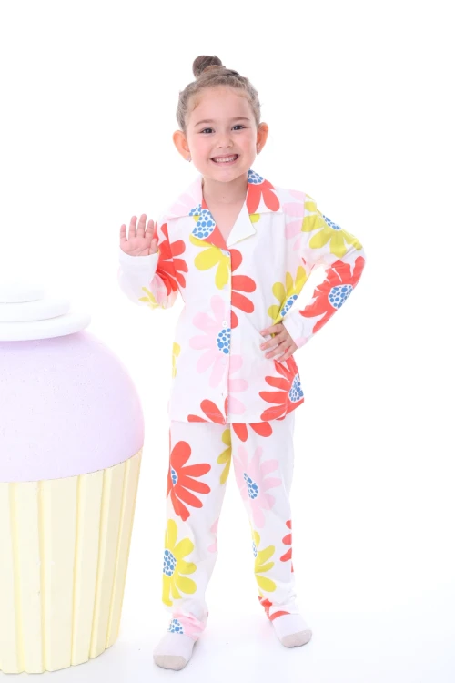 Çiçek Desenli Yakalı Kız Çocuk Pijama Takımı 35201