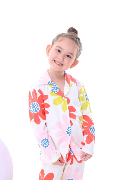 Çiçek Desenli Yakalı Kız Çocuk Pijama Takımı 35201