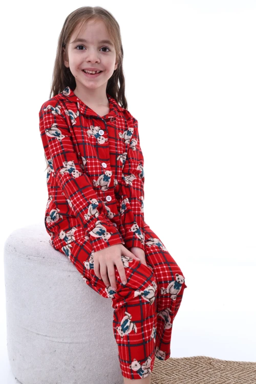 Çizgili Ayı Desenli Yakalı Kız Pijama Takımı 2217