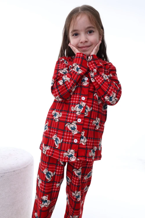 Çizgili Ayı Desenli Yakalı Kız Pijama Takımı 2217