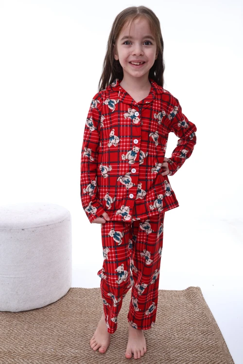 Çizgili Ayı Desenli Yakalı Kız Pijama Takımı 2217