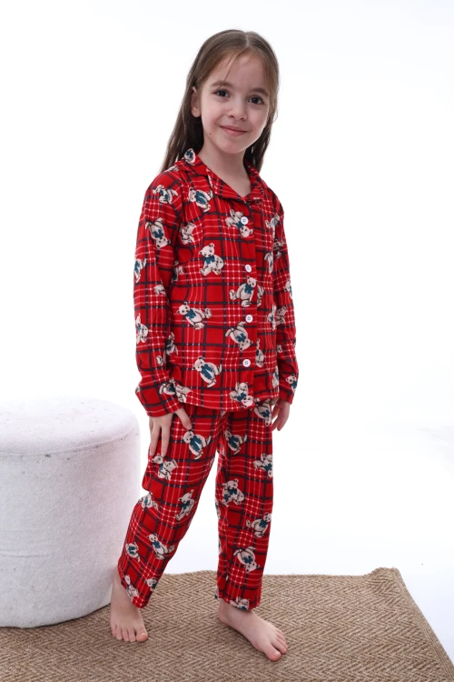 Çizgili Ayı Desenli Yakalı Kız Pijama Takımı 2217