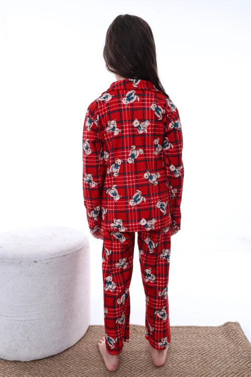 Çizgili Ayı Desenli Yakalı Kız Pijama Takımı 2217