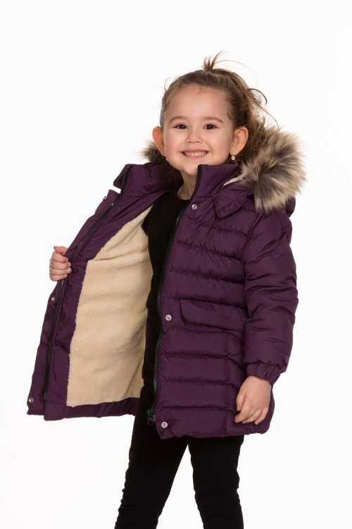 Desenli Kapşonlu Kız Çocuk Mont 4013-1