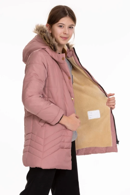 Desenli Kapşonlu Kız Çocuk Mont 4021-1