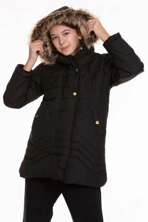 Desenli Kapşonlu Kız Çocuk Mont 4021-1