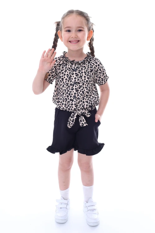 Desenli Şortlu Beli Kuşaklı Kız Takım 24020