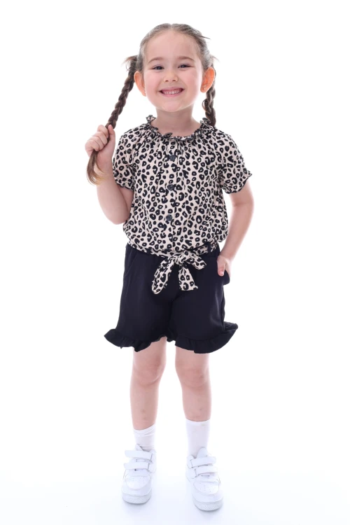 Desenli Şortlu Beli Kuşaklı Kız Takım 24020