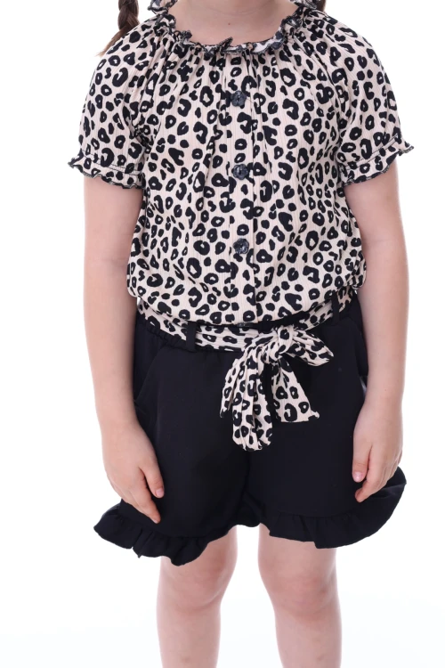 Desenli Şortlu Beli Kuşaklı Kız Takım 24020