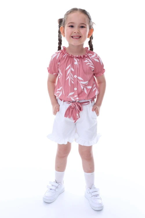 Desenli Şortlu Beli Kuşaklı Kız Takım 24020