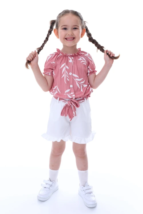 Desenli Şortlu Beli Kuşaklı Kız Takım 24020