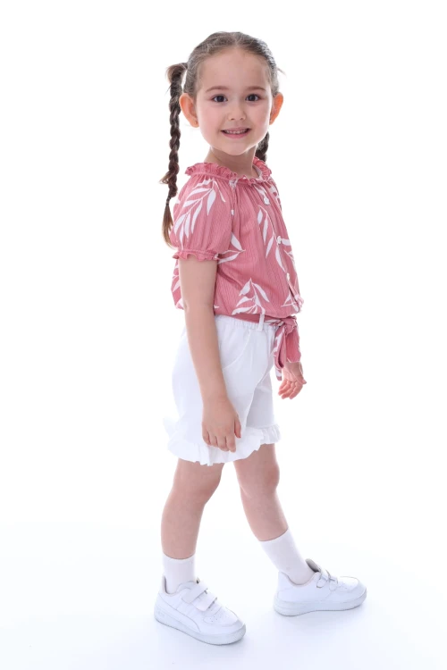 Desenli Şortlu Beli Kuşaklı Kız Takım 24020