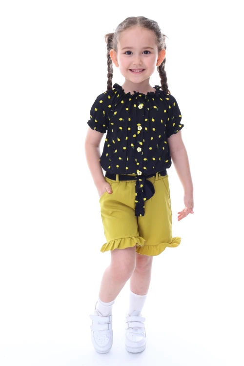 Desenli Şortlu Beli Kuşaklı Kız Takım 24020