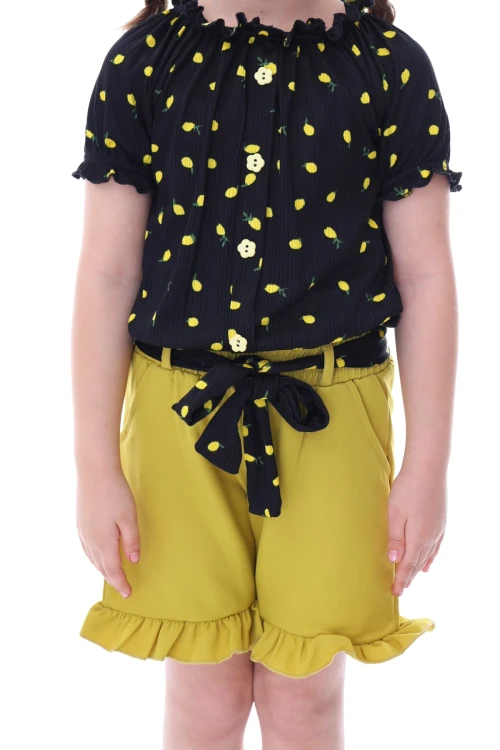 Desenli Şortlu Beli Kuşaklı Kız Takım 24020