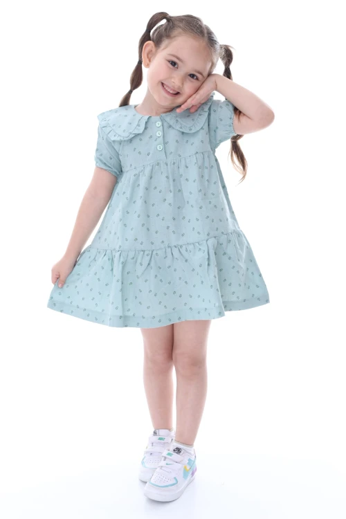 Desenli Yakası Fırfırlı Elbise 24028