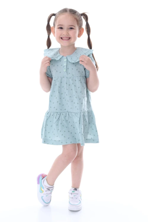 Desenli Yakası Fırfırlı Elbise 24028