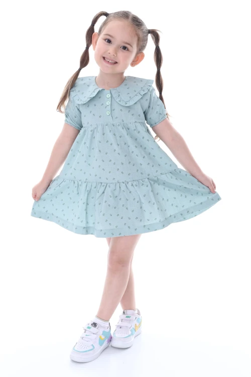 Desenli Yakası Fırfırlı Elbise 24028