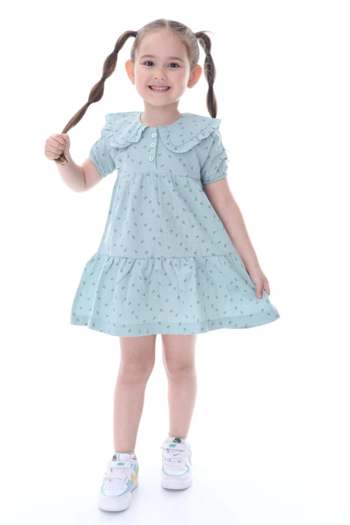 Desenli Yakası Fırfırlı Elbise 24028