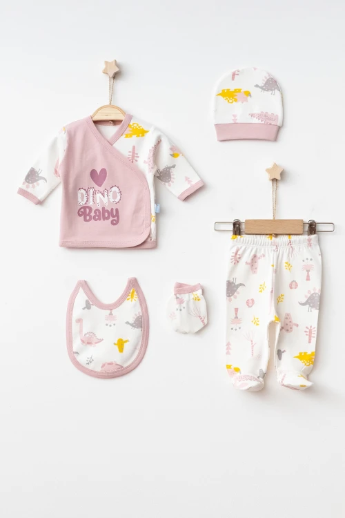 Dino Baskılı Kız Bebek 5li Set 3004