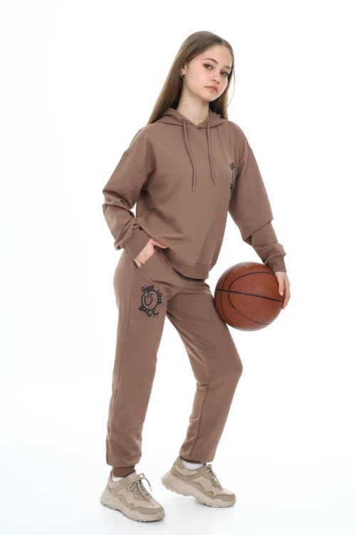 Gıve Love Back Baskılı Kapşonlu Kız Takım 5051