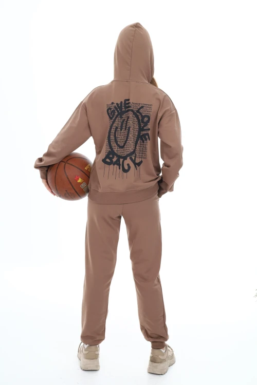 Gıve Love Back Baskılı Kapşonlu Kız Takım 5051