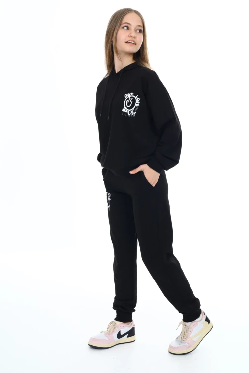 Gıve Love Back Baskılı Kapşonlu Kız Takım 5051