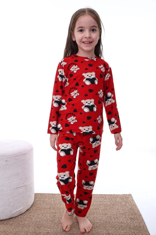 Kalpli Ayı Desenli Kız Pijama Takımı 2205