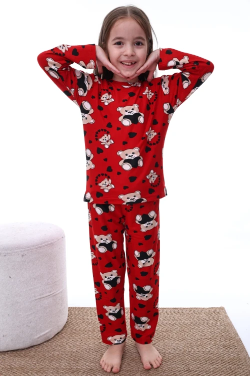 Kalpli Ayı Desenli Kız Pijama Takımı 2205